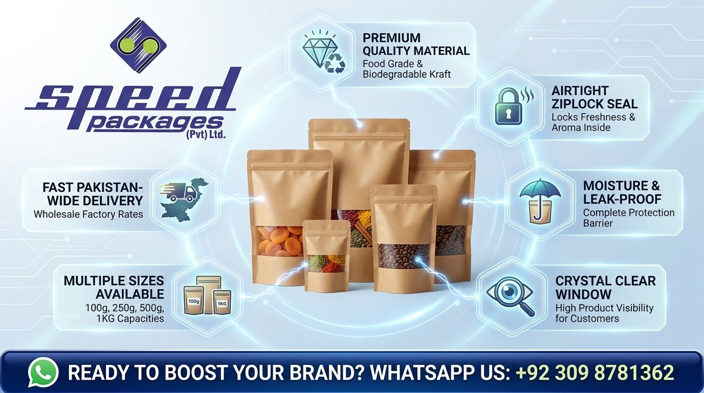A comprehensive high-intent infographic guide showcasing the premium features and buying benefits of Speed Packages' Kraft paper stand-up pouches with window in Pakistan, highlighting food-grade quality, resealable ziplock, moisture protection, wholesale rates, and fast delivery.