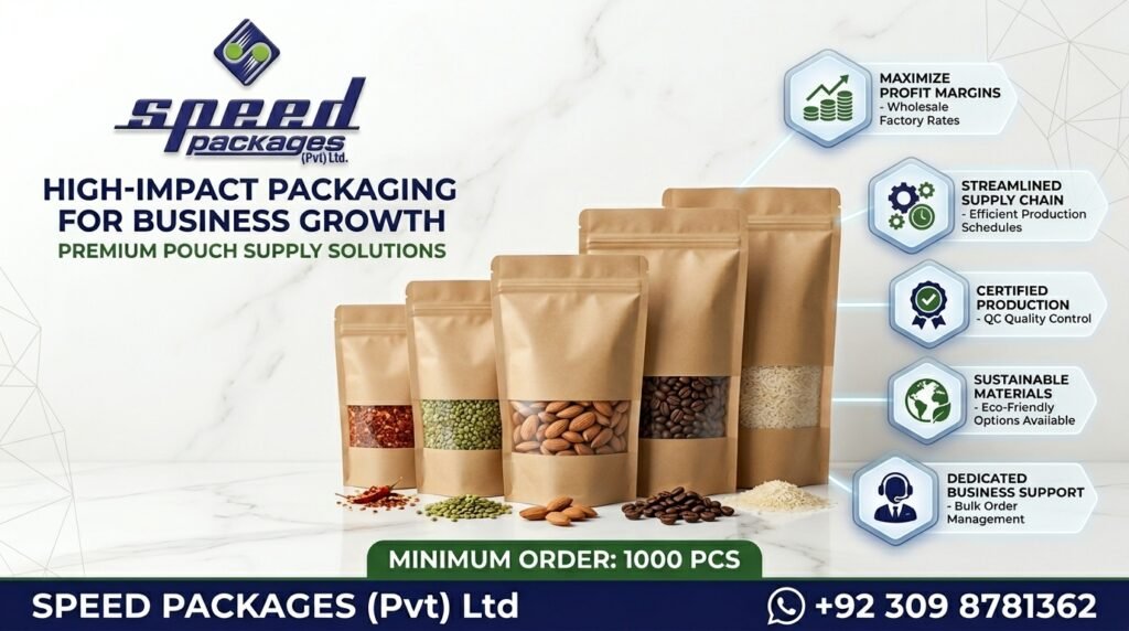 A business infographic by Speed Packages showcasing premium brown Kraft stand-up pouches in various sizes (100g to 1000g) for wholesale. It highlights B2B benefits like maximized profit margins, fast nationwide logistics, and a minimum order quantity of 1000 pieces for the Pakistani market.