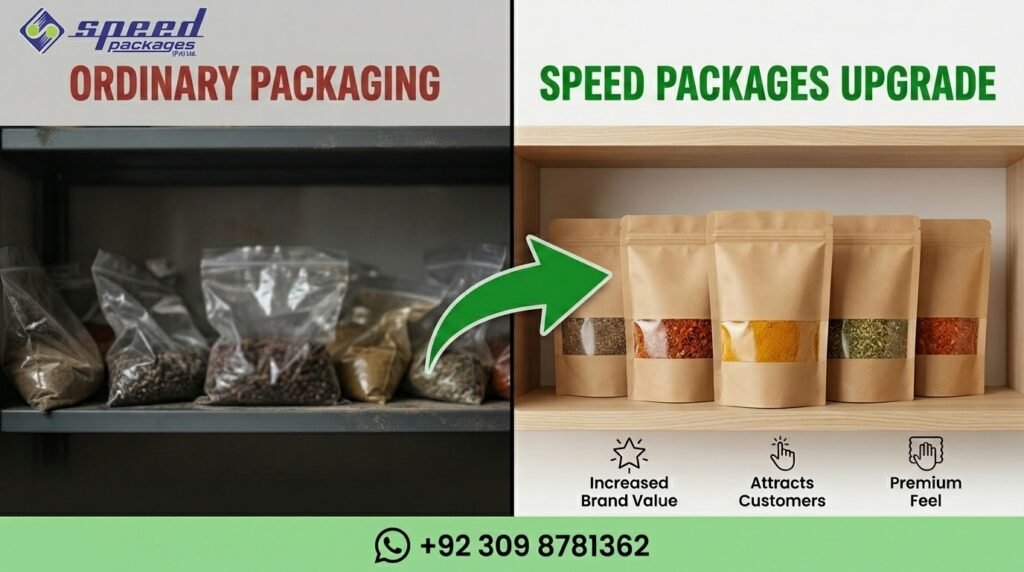 Infographic comparing dull ordinary packaging to premium Speed Packages Kraft paper pouches with clear windows on a retail shelf in Pakistan, illustrating how the upgrade boosts brand value and attracts customers.