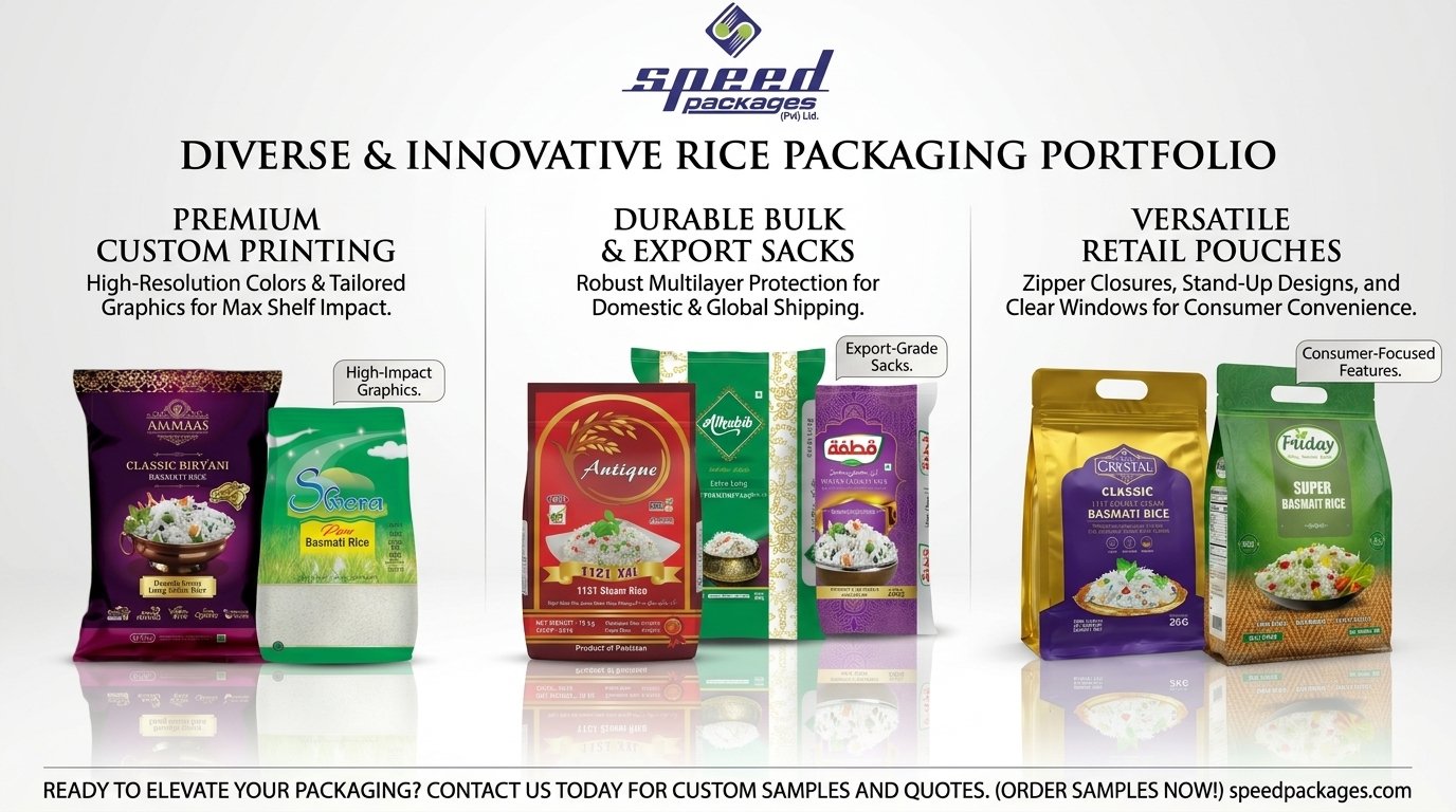 Premium rice packaging solutions Pakistan showing flat bottom pouches, woven PP sacks for Basmati rice, and custom branded export bags with high-quality rotogravure printing.