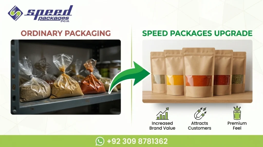 Ordinary vs Premium. Alt text: Comparison showing ordinary plastic packaging versus Speed Packages premium kraft pouches with increased brand value