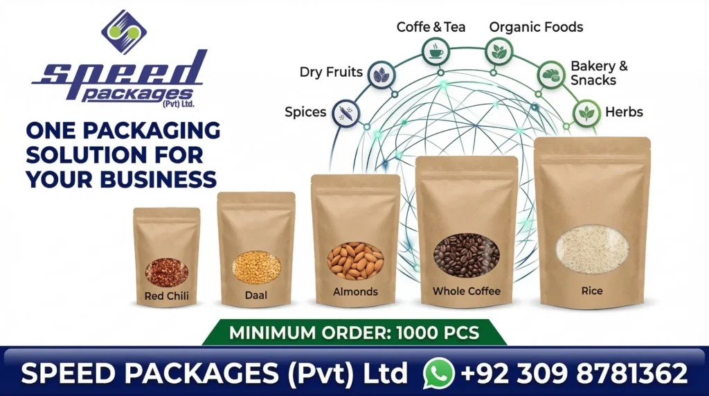 Multiple applications display. Alt text: Kraft pouches applications for spices, dry fruits, coffee, tea, organic foods, bakery and herbs