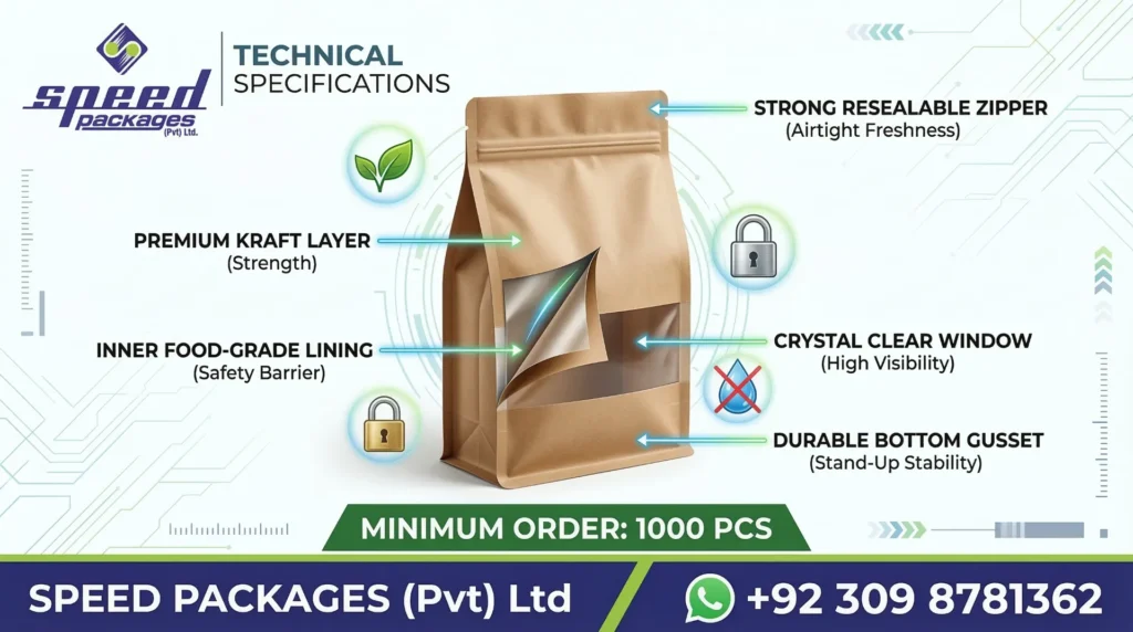 Technical diagram showing layers. Alt text: Kraft pouch technical specifications showing premium kraft layer, food-grade lining, zipper and window details