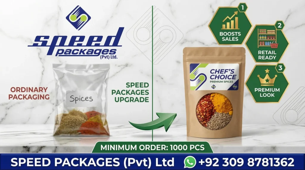 Transformation visual. Alt text: Before and after comparison showing ordinary plastic packaging versus premium kraft pouches by Speed Packages